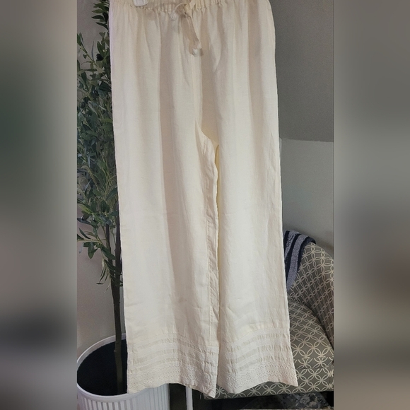 Cynthia Rowley Linen Pants Womens Medium White Pull On Embroidered Coastal Boho - Picture 1 of 5